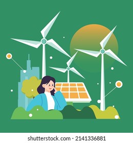 Green wind power generation with windmills and city in the background, eco-friendly life, vector illustration