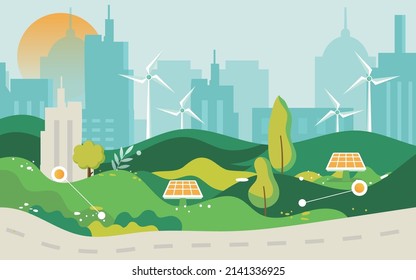 Generación de energía eólica verde con molinos de viento y ciudad en segundo plano, vida ecológica, ilustración vectorial