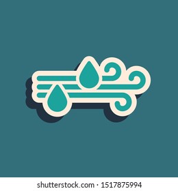 Green Wind and rain icon isolated on blue background. Windy weather. Long shadow style. Vector Illustration