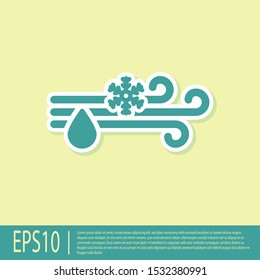 Green Wind and rain with snow icon isolated on yellow background. Windy weather.  Vector Illustration