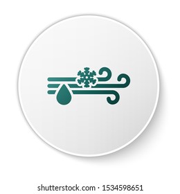 Green Wind and rain with snow icon isolated on white background. Windy weather. White circle button. Vector Illustration