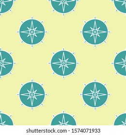 Green Wind rose icon isolated seamless pattern on yellow background. Compass icon for travel. Navigation design.  Vector Illustration