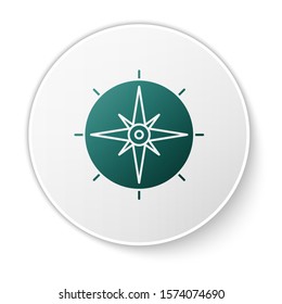 Green Wind rose icon isolated on white background. Compass icon for travel. Navigation design. White circle button. Vector Illustration
