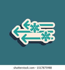 Green Wind and snow icon isolated on blue background. Windy weather. Long shadow style. Vector Illustration