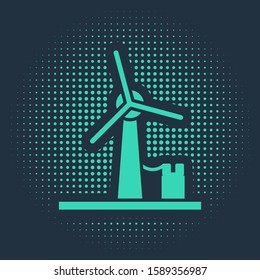 Green Wind turbine icon isolated on blue background. Wind generator sign. Windmill for electric power production. Abstract circle random dots. Vector Illustration