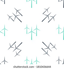 Green Wind turbine icon isolated seamless pattern on white background. Wind generator sign. Windmill silhouette. Windmills for electric power production. Vector.