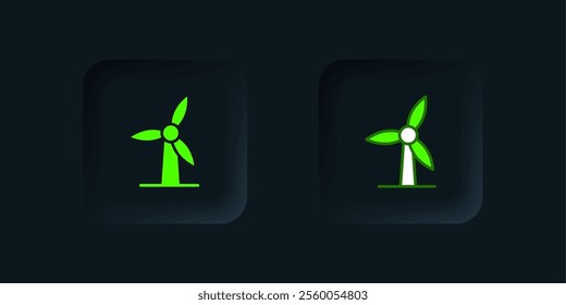 Green Wind turbine icon isolated on black background. Wind generator sign. Windmill for electric power production. Black square button. Vector