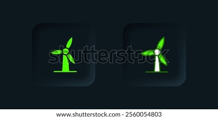 Green Wind turbine icon isolated on black background. Wind generator sign. Windmill for electric power production. Black square button. Vector