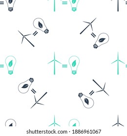 Green Wind turbine and light bulb with leaves as idea of eco-friendly source of energy icon isolated seamless pattern on white background. Vector.