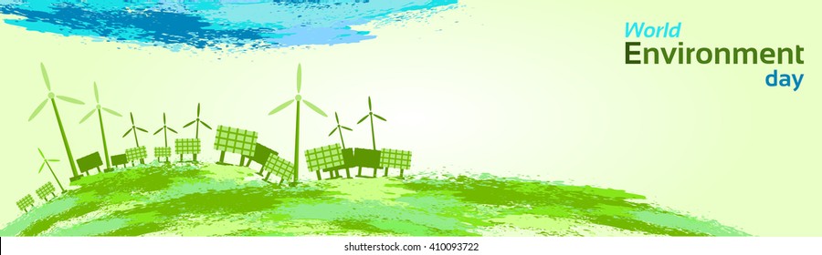 Green Wind Turbine Solar Energy Panel World Environment Day Flat Vector Illustration