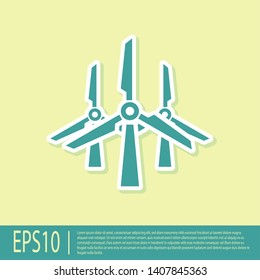 Green Wind turbines icon isolated on yellow background. Wind generator sign. Windmill silhouette. Windmills for electric power production. Vector Illustration