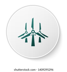 Green Wind turbines icon isolated on white background. Wind generator sign. Windmill silhouette. Windmills for electric power production. White circle button. Vector Illustration