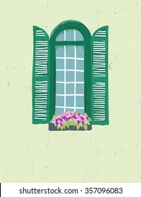 Green window decorated with flower box