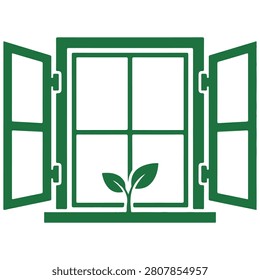 Green window with open shutters and a small plant growing outside, symbolizing growth and renewal.
