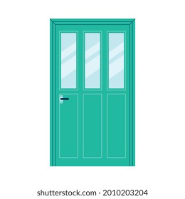 Puerta delantera con ventana verde con tres paneles de ventana estrechos y mango aislado en fondo blanco. Puerta de entrada de edificio con luces, ilustración vectorial plana.