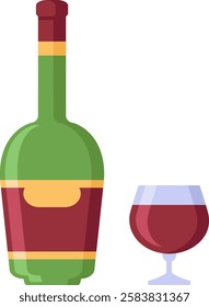 Green wine bottle with blank label next to a glass of red wine, representing wine culture, celebrations, and the enjoyment of alcoholic beverages