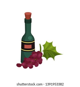 Green wine bottle with cork and label. Vector illustration on white background.