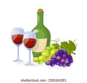 Green wine bottle and glasses with wine served with grapes. Food and drinks illustration. Vector isolated illustration in cartoon style