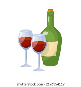 Green wine bottle and glasses with wine. Vector isolated illustration in cartoon style