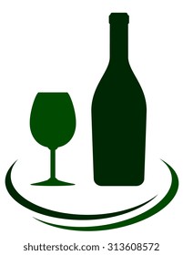 green wine bottle icon with glass and decorative lines on white background