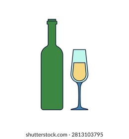 Green wine bottle and single glass of white wine illustration with beverage vineyard celebration restaurant stemware