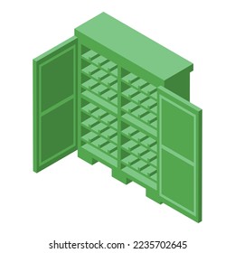 Green wine cabinet icon isometric vector. Wood bar. Bottle rack