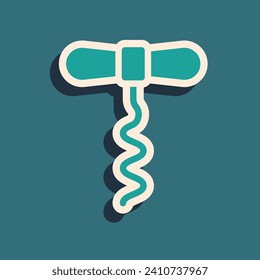 Green Wine corkscrew icon isolated on green background. Long shadow style. Vector