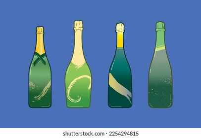 Green wine glass bottles in vector flat illustration