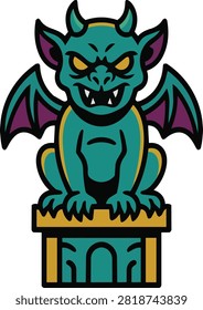Green winged gargoyle statue on stone base vector illustration isolated on white background
