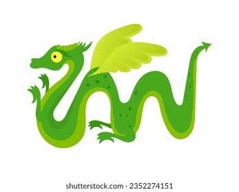 Green winged serpent or dragon. Flat vector illustration.