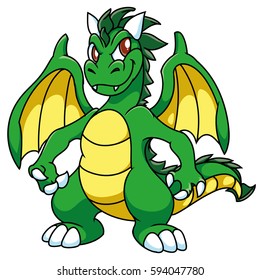 Green winged sly dragon with yellow stomach and wings, with darken horns, cartoon, fantasy.