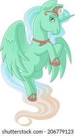 Green winged unicorn with a pearl mane is flying up