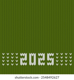 Green winter background with 2025 knit pattern. Wool fabric texture for Happy New Year and Christmas holidays. Nordic knitting card with year number. 2025 embroidery on cloth, vector illustration