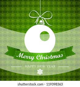 green winter background with ball and ribbon. christmas card.