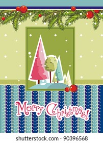 Green winter background with Creative Christmas tree. New-Year's greeting sweet postcard. Vector illustration.