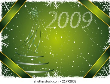 Green winter background with snowflakes and tree. 2009