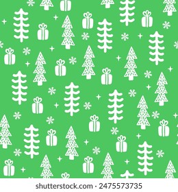 Green winter forest Scandinavian seamless pattern. Vector New Year print, Christmas tree, gift and snowflake background for textile, fabric, season decoration, gift wrapping paper.