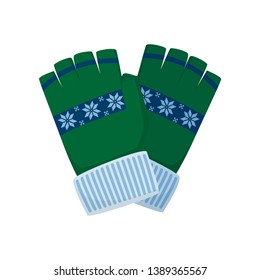 Green winter gloves with blue ornament for girl or boys