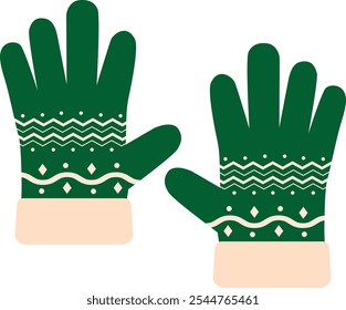 Green winter gloves with festive Nordic pattern flat illustration. Perfect for holiday-themed projects, winter apparel designs or digital decorations