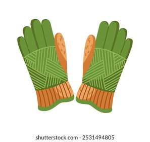 Green winter gloves with orange details flat color vector object. Accessories providing warmth and protection from cold illustration on white