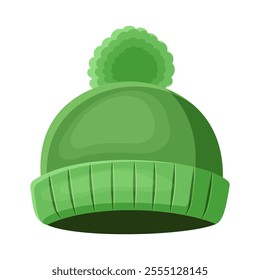 Green winter hat with pompom on white background. Vector illustration