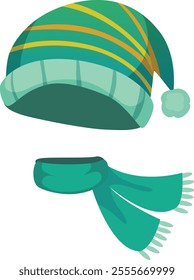 Green winter hat and scarf set offering warmth and protection against cold weather, featuring a striped design and a fluffy pom pom on the hat