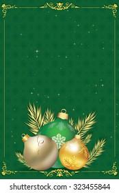 Green Winter Holiday greeting card / background. Contains Christmas Baubles, wreath, snowflakes pattern and decorative border. Copy-paste for your text. Print colors used.