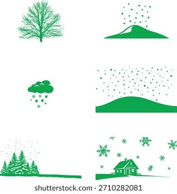 Paisaje verde del invierno fijado con la nieve que cae de la nube encima de la ilustración de la montaña