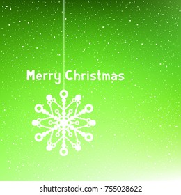 Green winter Merry Christmas text background with snow and snowflake. Magic New Year snowfalls backdrop. Vector Illustration.