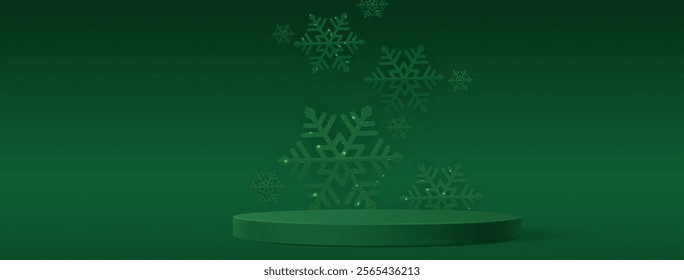 Green winter scene with circular podium display - sparkling snowflakes with illuminated crystal decorations floating on dark emerald background. Christmas holiday or seasonal product showcase.