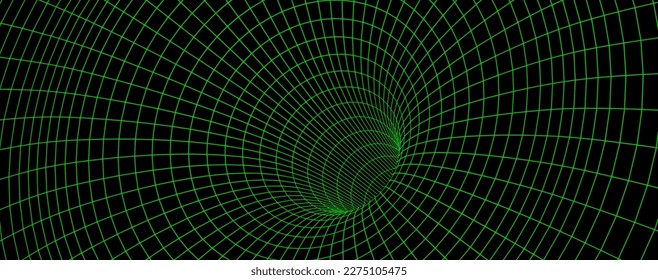 Green wireframe wormhole on black, 3d funnel or portal. Graphic illusion of grid hole, line warp, abstract geometric mesh vector illustration on dark background