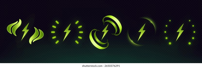 Green wireless charge icons set - glowing energy symbols with lightning bolts, rotating waves and power dots on dark background. Modern technology battery charging indicators for mobile devices.