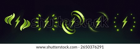 Green wireless charge icons set - glowing energy symbols with lightning bolts, rotating waves and power dots on dark background. Modern technology battery charging indicators for mobile devices.
