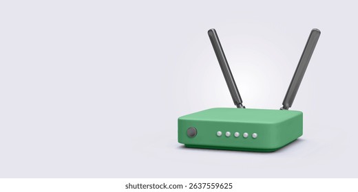 Green Wireless Router With Dual Antennas and Indicator Lights. Minimal 3D Design Representing Internet Access, Wi-Fi Connection, and Data Transmission. Vector Illustration.